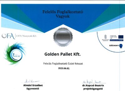 Felelős Foglalkoztató Ezüst minősítési fokozatot kapott a Golden Pallet Kft